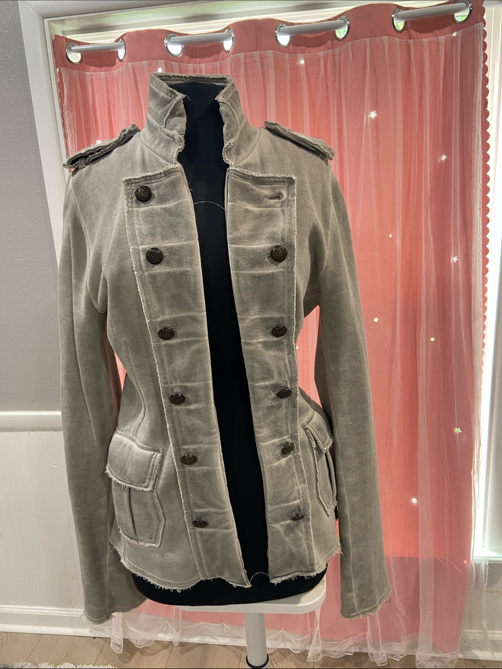 Better Rich Womens Military-Style Cotton Jacket in Light Gray size Large